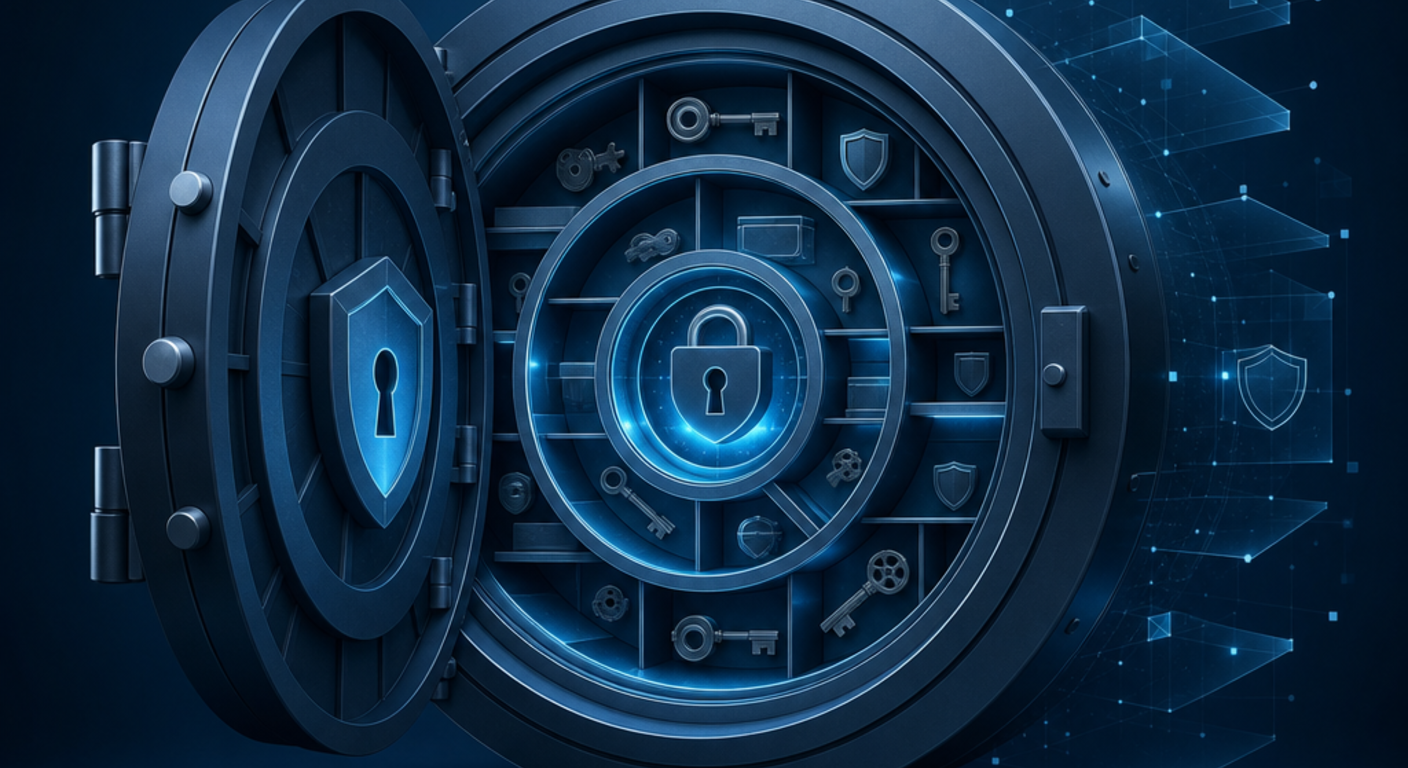 Password manager vault architecture and credential security concept for executives and family offices