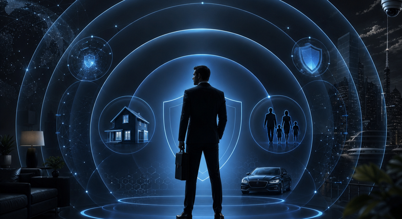 Digital executive protection concept with connected layers shielding a principal and household